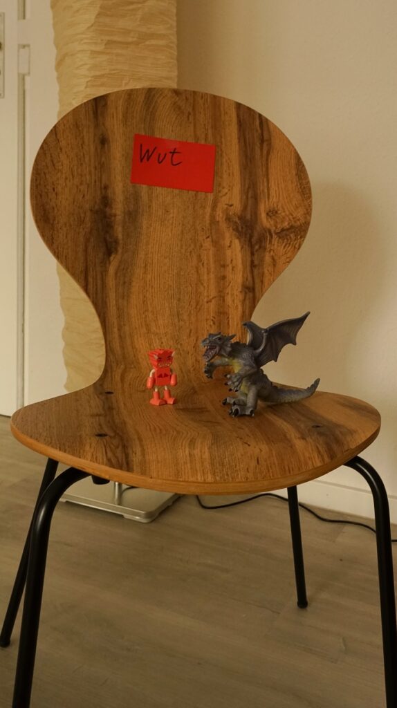 Auf einem Stuhl wurde eine Figur eines Teufels und ein Drache gestellt. Der Stuhl ist mit "Wut" beschriftet.