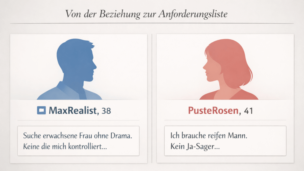 Split-Screen-Darstellung zweier Dating-Profile zur Illustration von Beziehungsmustern nach Trennung. Linke Seite zeigt männliches Profil (MaxRealist, 38, blaue Silhouette) mit forderndem Profiltext "Suche erwachsene Frau ohne Drama. Keine die mich kontrolliert". Rechte Seite zeigt weibliches Profil (PusteRosen, 41, rosafarbene Silhouette) mit Text "Ich brauche reifen Mann. Kein Ja-Sager". Beide Profile demonstrieren kontrollierende Kommunikation nach gescheiterten Beziehungen.
