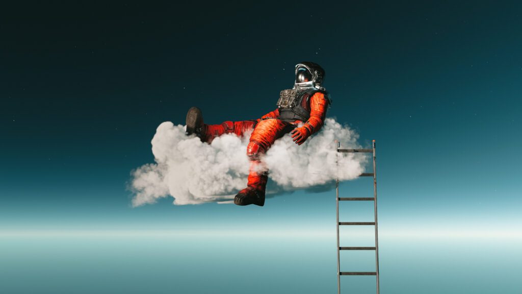 Astronaut sitzt entspannt auf einer Wolke mit Leiter – Symbol für den inneren Schutzanzug in der hypnosystemischen Therapie