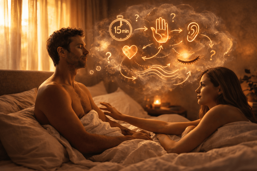 Mann mit geschlossenen Augen sitzt im Bett, über seinem Kopf eine Gedankenblase mit Symbolen wie Timer, Herz und Stopp-Hand – Partnerin neben ihm greift nach seiner Schulter. Symbolbild für neurodivergente Sexualität und innere Reizverarbeitung.