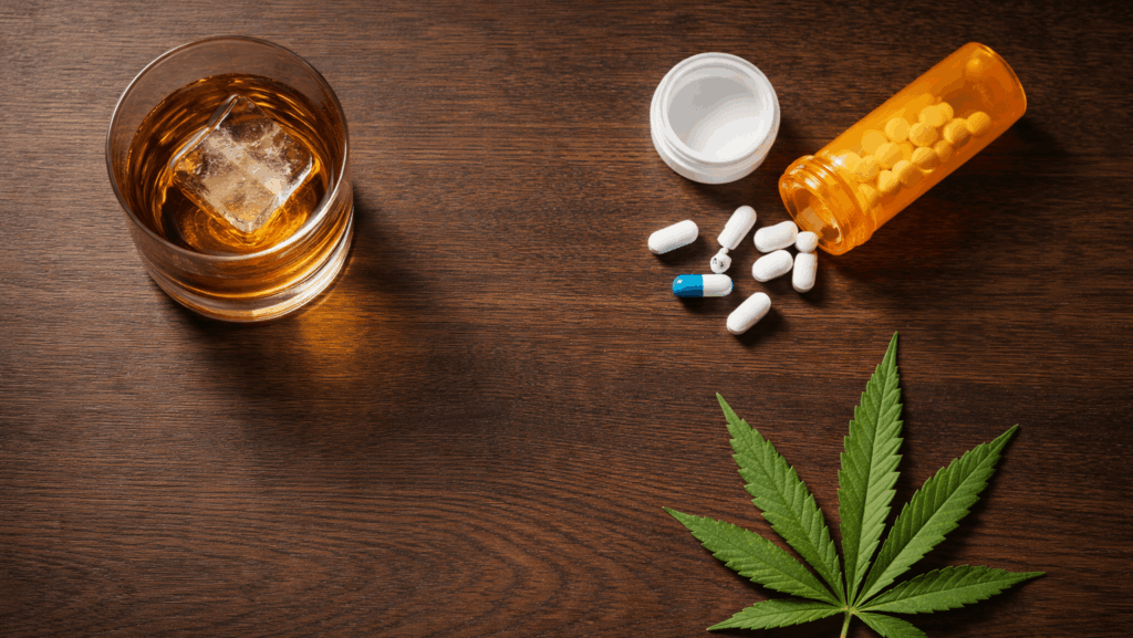 Whiskeyglas, Pillen und Cannabisblatt auf einem Holztisch – Symbole für Mischkonsum aus Alkohol, Medikamenten und Cannabis als MPU-Anlass.