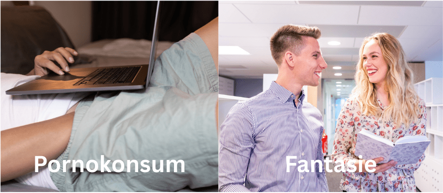 Ein Mann liegt im Bett. Er trägt eine kurze Hose, in der eine Hand ist. auf seinem Schoß steht ein laptop mit aufgeklappten Bildschirm. Darunter steht Pornokonsum. auf der rechten Seite steht ein junger Mann mit einer Arbeitskollegin, die ihm in die Augen schaut und darunger steht Fantasie.